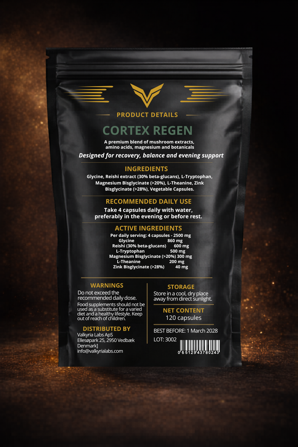Cortex Regen back pouch — updated formula with L-Tryptophan and zinc, 120 capsules, 4 capsules daily