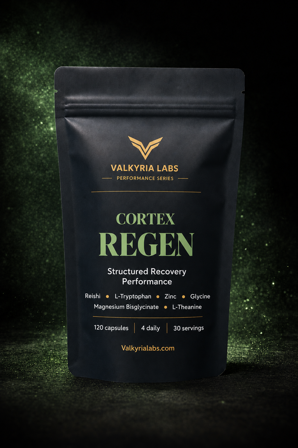 Cortex Regen pouch on black background — updated formula, 120 capsules, 4 daily, 30 servings