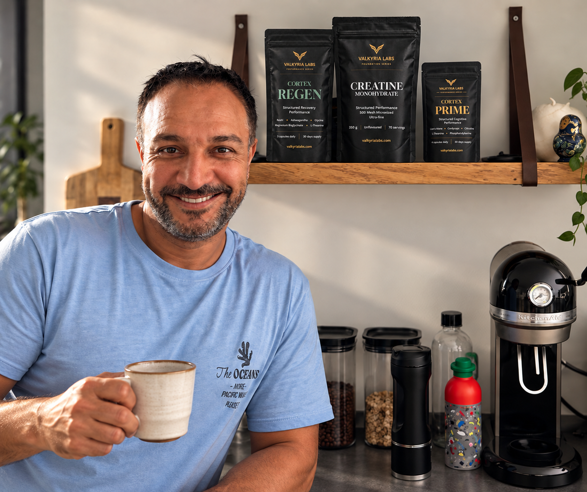 Kavus holding a mug in his kitchen, with Valkyria products on the shelf behind him.