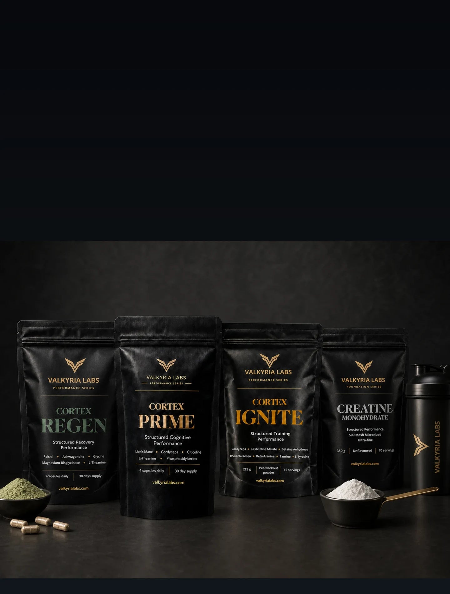 Cortex Prime, Cortex IGNITE, Cortex REGEN and Creatine arranged as the Cortex Ritual