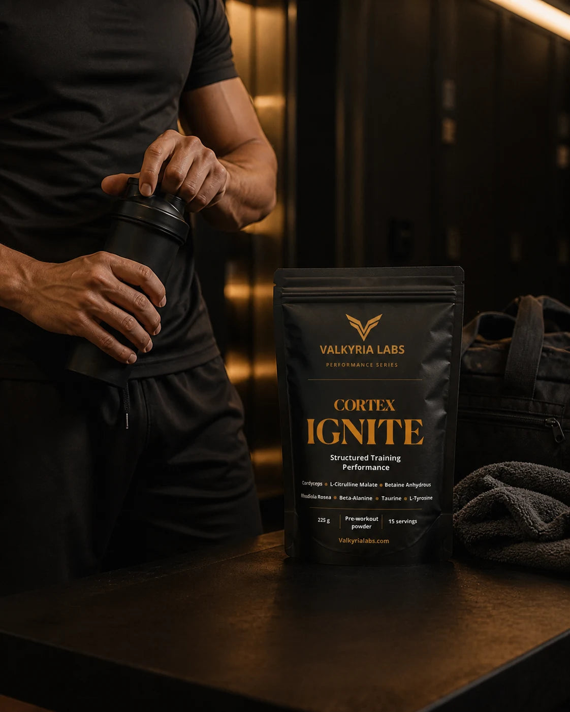 Pre-training routine with Cortex IGNITE pouch and shaker