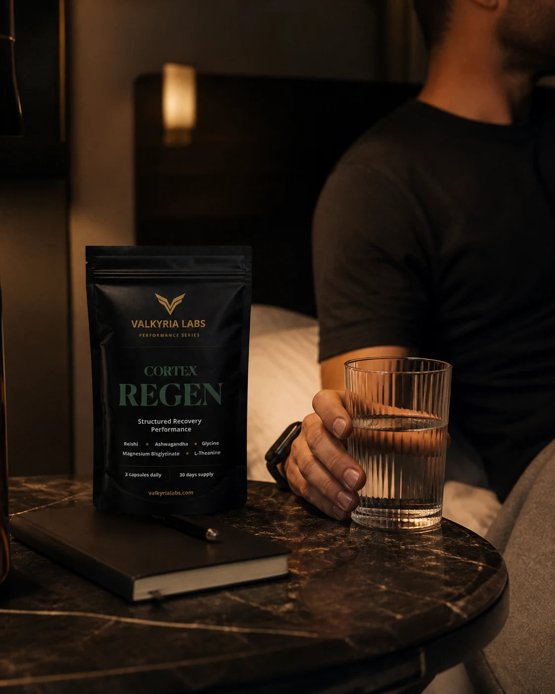 Evening routine with Cortex REGEN pouch and water glass