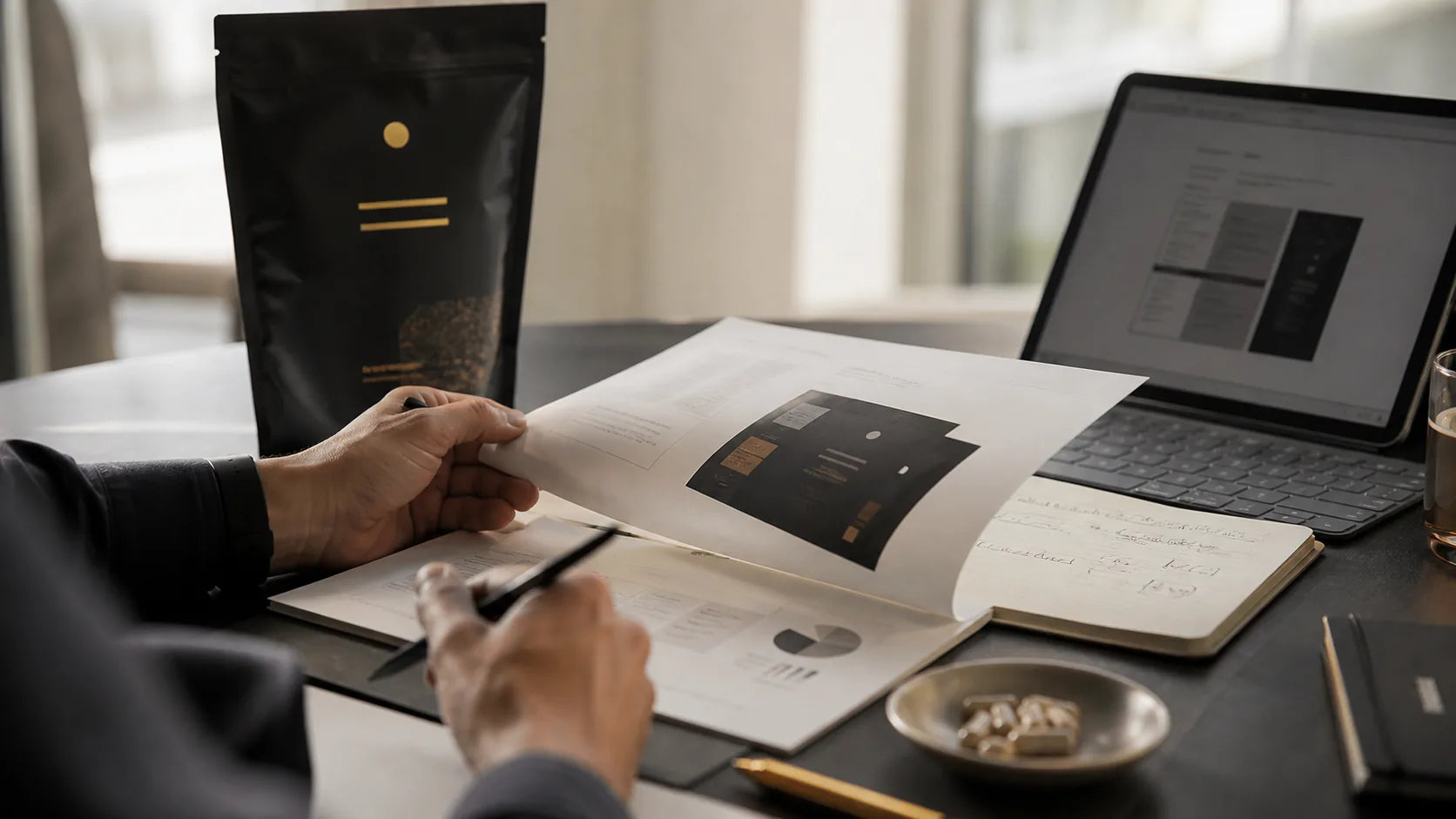 Hands reviewing product briefing notes and a supplement label at a desk