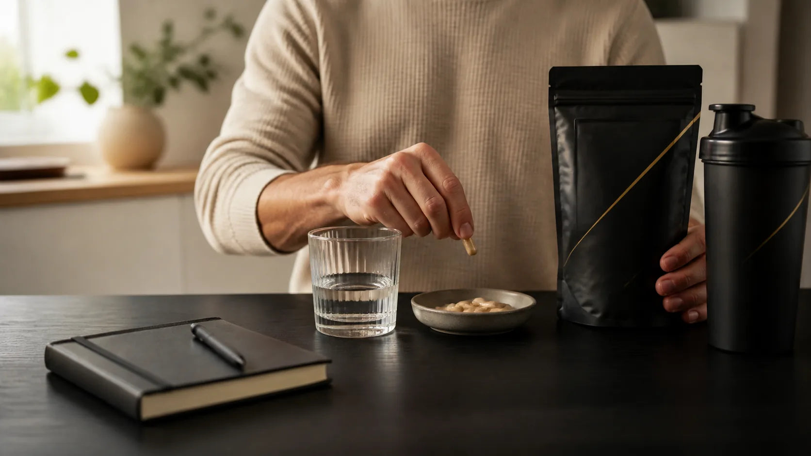 Hands preparing a consistent morning supplement routine with water and a notebook