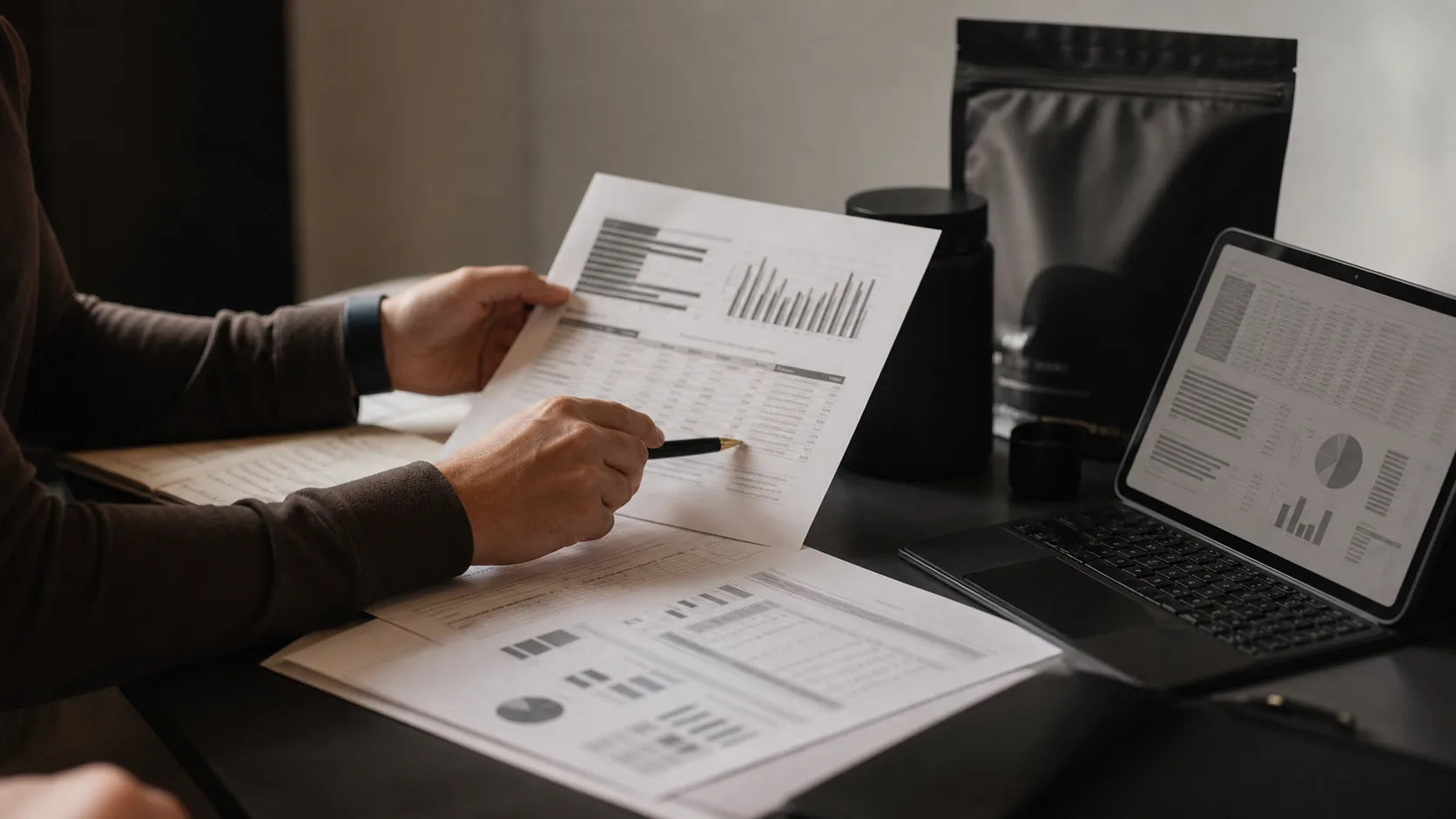 Hands checking documentation sheets and charts beside a laptop