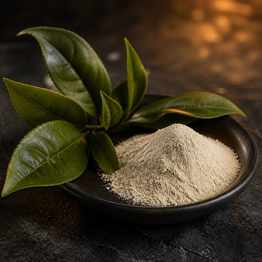 L-theanine powder and green tea leaves