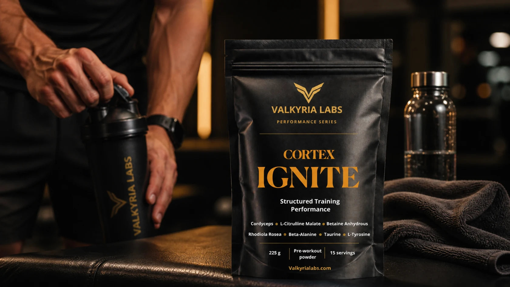 Pre-training Cortex IGNITE moment with shaker and gym bag