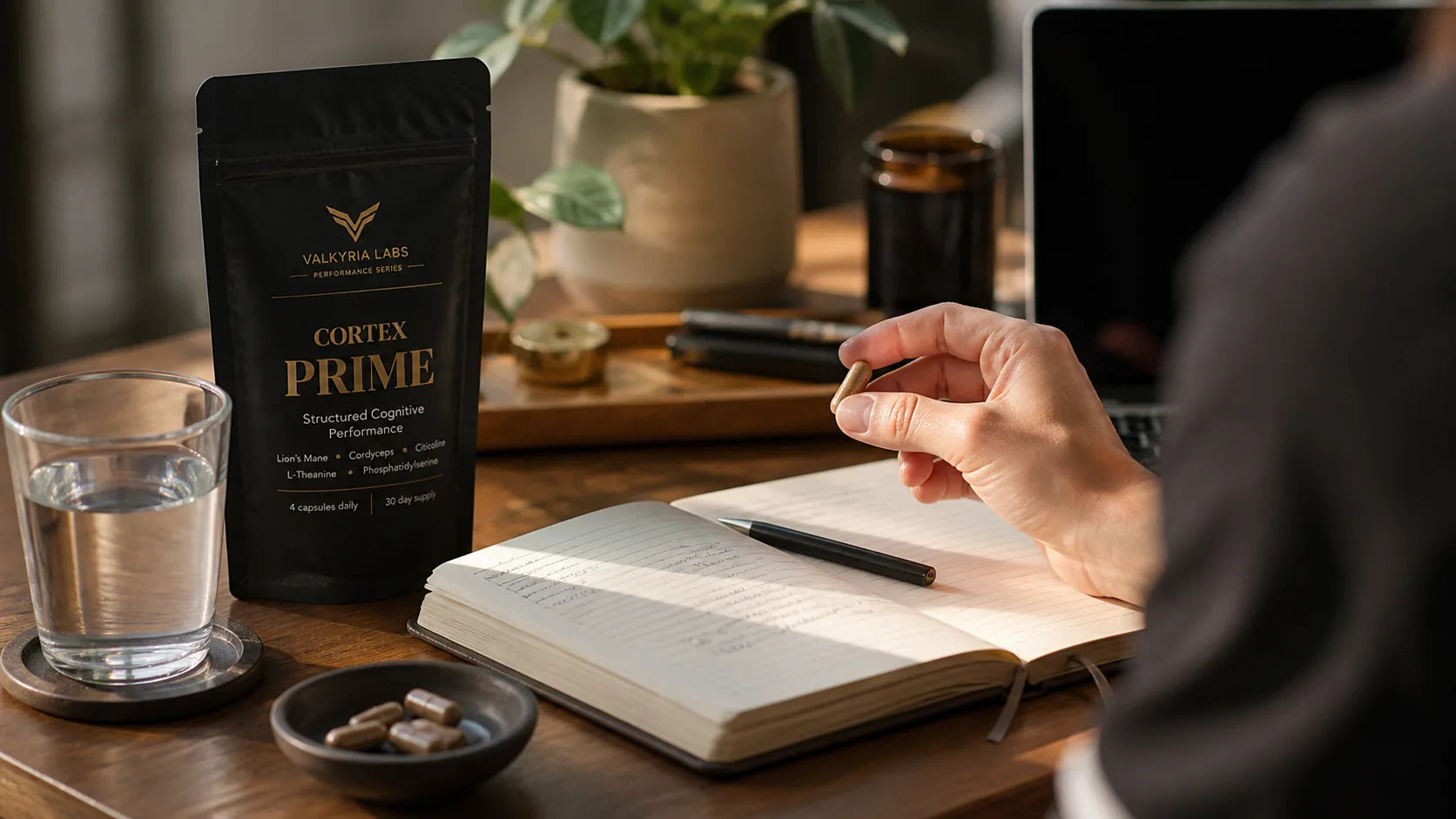 Morning Cortex Prime ritual with water, notebook and capsules