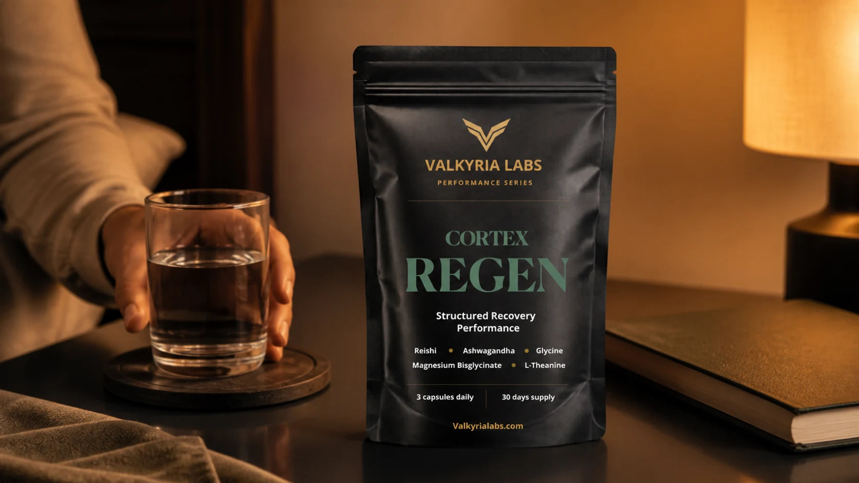 Evening Cortex REGEN routine with water, journal and low light